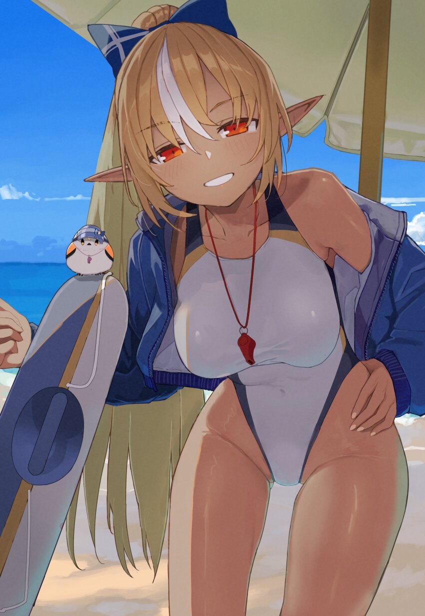 1girl absurdres alternate_costume beach beach_umbrella blonde_hair blue_archive blue_jacket blue_sky blush bouhuman bow breasts collarbone commentary commission competition_swimsuit cosplay covered_navel cowboy_shot dark-skinned_female dark_elf dark_skin elf groin hair_bow hand_on_own_hip high_ponytail highleg highleg_one-piece_swimsuit highres hololive jacket jacket_partially_removed kanna_(blue_archive) kanna_(blue_archive)_(cosplay) kanna_(swimsuit)_(blue_archive) large_breasts leaning_forward lifebuoy lifeguard long_hair looking_at_viewer multicolored_swimsuit ocean one-piece_swimsuit open_clothes open_jacket orange_eyes pointy_ears ponytail shiranui_flare shore sky smile solo swim_ring swimsuit tan thigh_gap umbrella virtual_youtuber whistle whistle_around_neck white_stripes