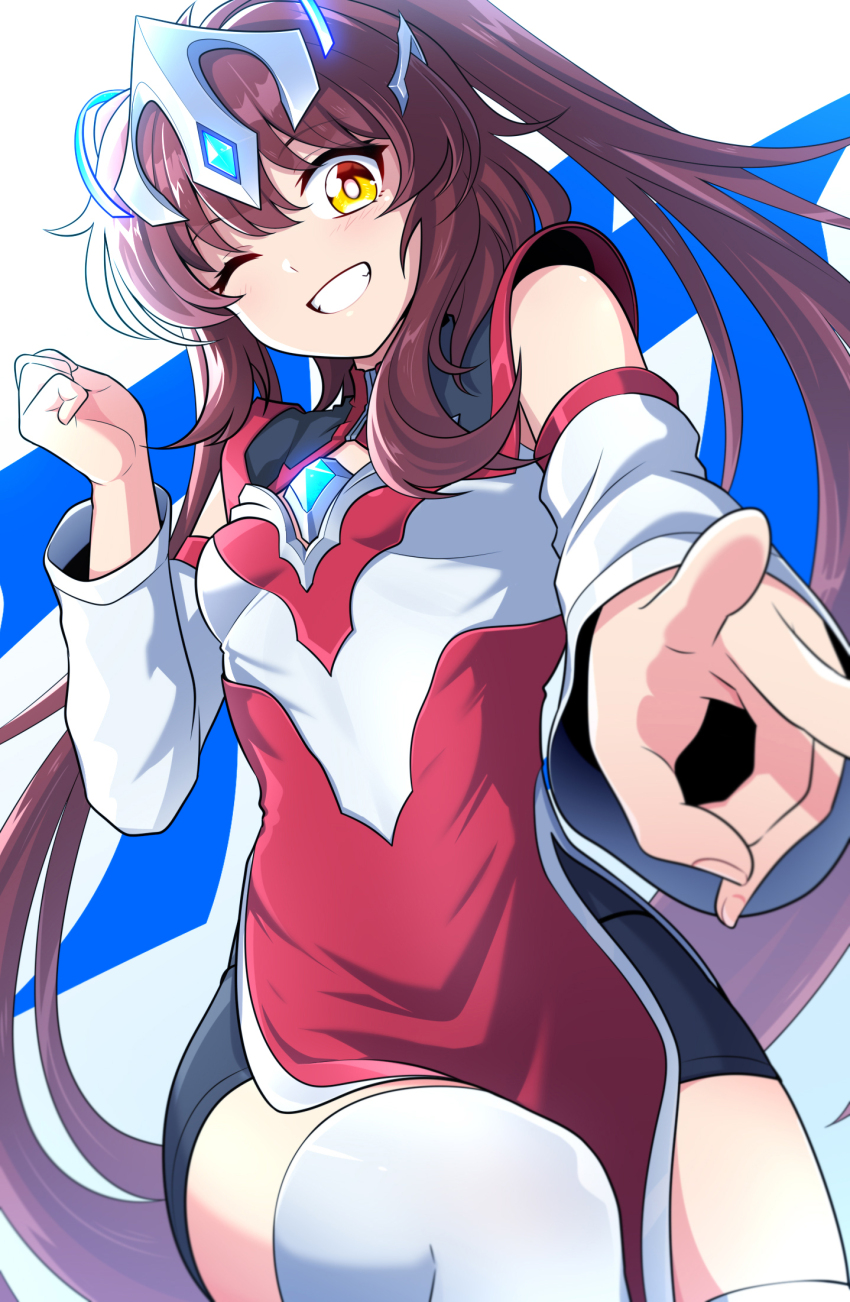 1girl ;d bike_shorts black_shorts blue_gemstone breasts brown_hair character_name clenched_hand color_timer commentary cowboy_shot detached_sleeves dress fingernails forehead_jewel gem genderswap genderswap_(mtf) ginga_no_kou grin hair_between_eyes hand_up headgear highres knee_up light_blush long_hair looking_at_viewer medium_dress multicolored_dress one_eye_closed open_mouth red_dress shorts shorts_under_dress side_slit silver_dress sleeveless sleeveless_dress small_breasts smile solo thighhighs thighs tokusatsu twintails ultra_series ultraman_arc ultraman_arc_(series) v very_long_hair white_background white_thighhighs yellow_eyes