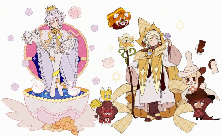 4boys :d ballet bird bird_on_hand blonde_hair blue_eyes blush_stickers boots brown_footwear brown_headwear cape chess_piece closed_mouth cookie_run cookie_run:_kingdom cookie_run:_ovenbreak cookiemals crown frilled_cape hakusai_(tiahszld) hat heterochromia leggings long_hair long_sleeves male_focus multiple_boys multiple_others open_mouth pawn_black_cookie pawn_white_cookie pink_eyes pure_vanilla_cookie short_hair smile swan tunic whipped_cream_cookie whipped_cream_cookie_(night_of_reverie) white_cape white_hair white_headwear white_legwear white_sleeves white_tunic wide_sleeves witch_hat yellow_eyes