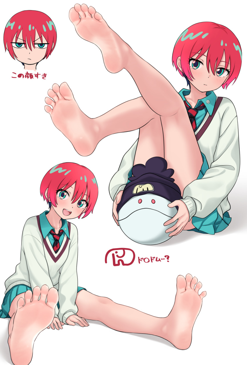 1girl :d amate_yuzuriha aqua_eyes aqua_hair aqua_shirt aqua_skirt barefoot black_necktie blush collared_shirt commentary_request feet full_body gundam gundam_gquuuuuux haro highres hinosaki legs_up long_sleeves multicolored_hair multiple_views necktie open_mouth red_hair red_necktie shirt short_hair simple_background skirt smile soles sweater teeth toes translation_request two-tone_hair two-tone_necktie upper_teeth_only white_background white_sweater