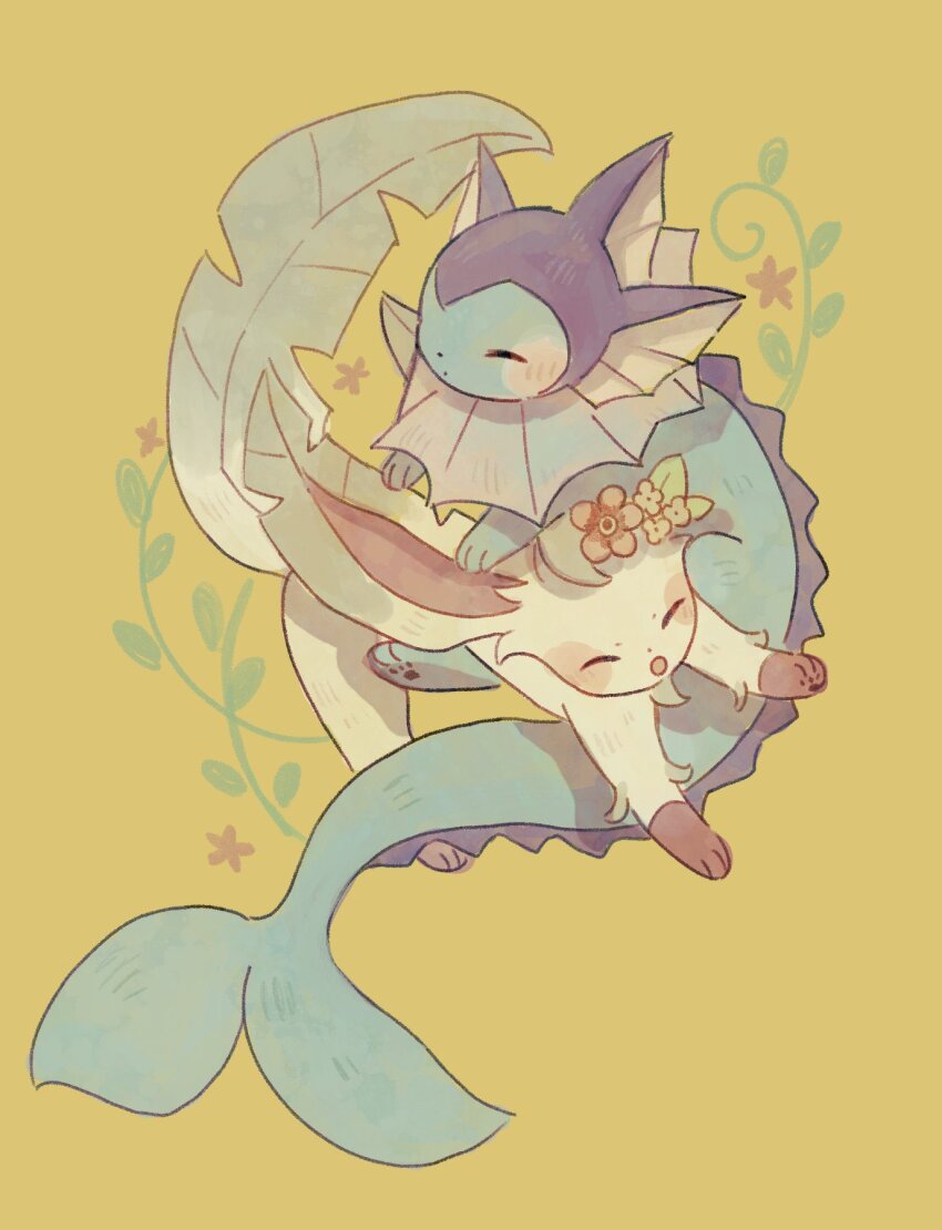 animal_focus closed_eyes commentary_request creatures_(company) fins flower full_body game_freak gen_1_pokemon gen_4_pokemon head_fins highres leafeon mukuzo53 nintendo no_humans open_mouth pokemon pokemon_(creature) simple_background vaporeon