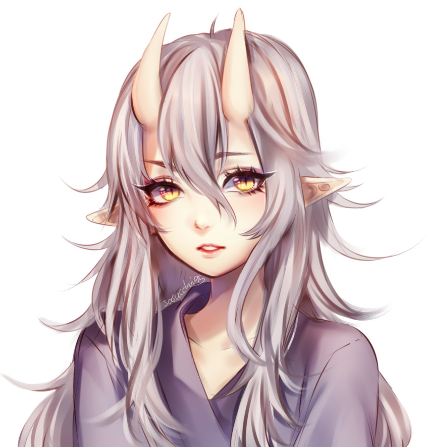 1girl aegyo_sal ahoge artist_name collarbone commentary demon_girl demon_horns double-parted_bangs english_commentary eyelashes grey_hair grey_kimono hair_between_eyes hair_flaps highres horns japanese_clothes kimono long_hair looking_at_viewer original parted_lips pointy_ears portrait sasucchi95 simple_background skin-covered_horns slit_pupils solo teeth tsurime white_background yellow_eyes yuki_(sasucchi95)