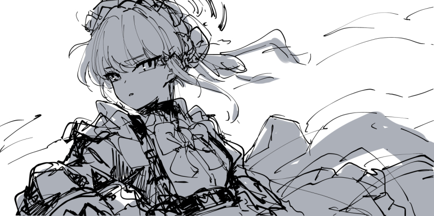 1girl blue_archive greyscale looking_at_viewer maid monochrome simple_background sin_seishun solo toki_(blue_archive) white_background