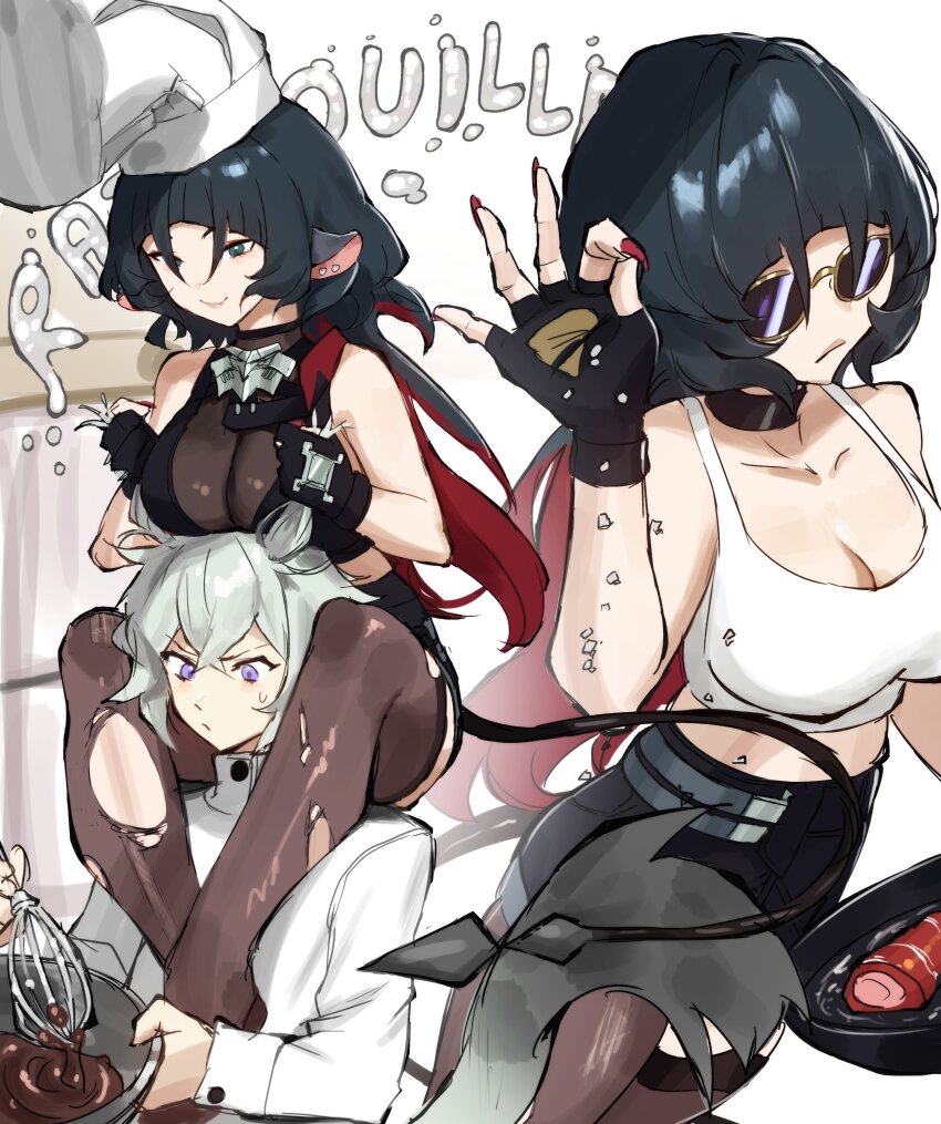 1boy 1girl absurdres aqua_eyes black_hair black_shirt breasts chef_hat cleavage commentary english_commentary grey_hair hat highres hirosenpai jane_doe_(zenless_zone_zero) large_breasts long_hair meme purple_eyes salt_bae_(meme) seth_lowell shirt sleeveless sleeveless_shirt sunglasses tank_top v-shaped_eyebrows very_long_hair whisk white_hat white_shirt white_tank_top zenless_zone_zero