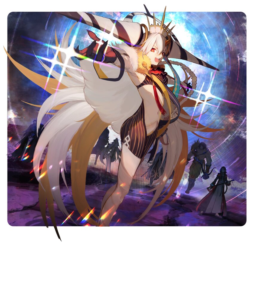 2girls 5boys absurdres artoria_caster_(fate) artoria_caster_(third_ascension)_(fate) artoria_pendragon_(fate) fate/grand_order fate_(series) highres horns king_hassan_(fate) konniqiwa long_hair looking_at_viewer marmyadose_(fate) merlin_(fate) multiple_boys multiple_girls navel olga_marie_animusphere red_eyes romulus_quirinus_(fate) single_horn spoilers stomach super_orion_(fate) taigong_wang_(fate) u-olga_marie very_long_hair white_hair