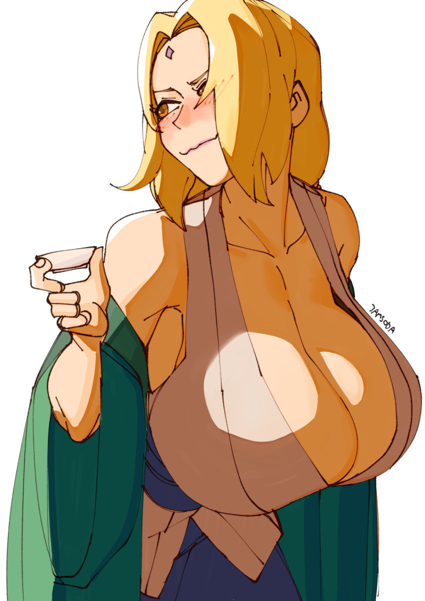 1girl 3amsoda alcohol artist_name bare_shoulders blonde_hair blush breasts brown_eyes choko_(cup) cleavage cowboy_shot cup facial_mark forehead_mark green_haori hanging_breasts haori highres huge_breasts japanese_clothes kimono naruto naruto_(series) obi sake sash sleeveless sleeveless_kimono solo tsunade_(naruto) white_background