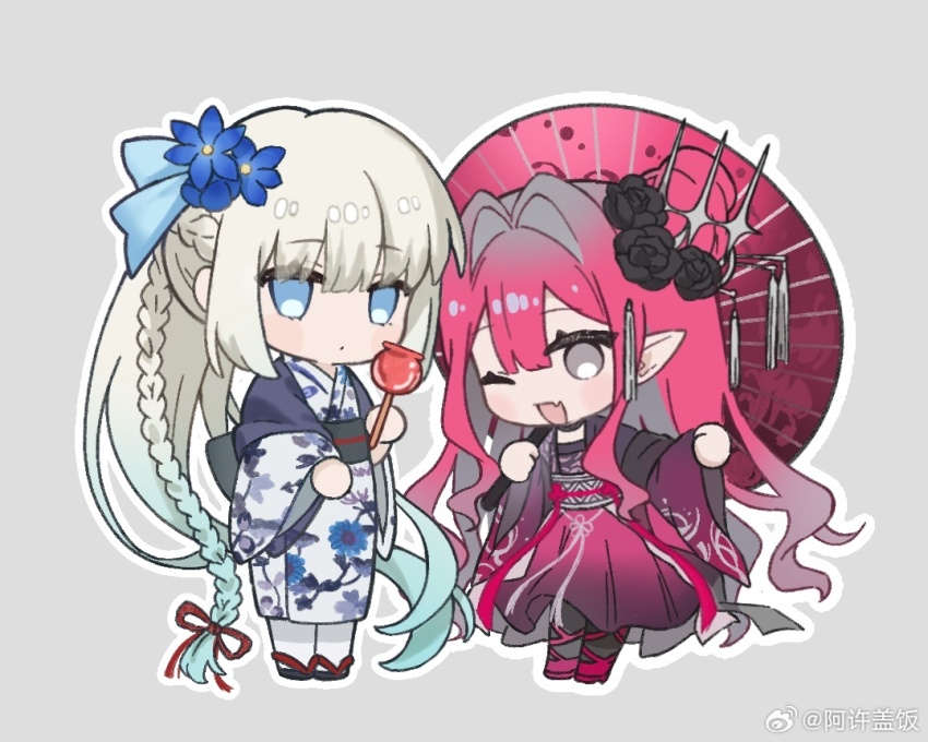 2girls baobhan_sith_(dream_portrait)_(fate) baobhan_sith_(fate) black_flower blue_eyes blue_flower blush candy_apple chibi fang fate/grand_order fate_(series) floral_print floral_print_kimono flower food full_body hair_flower hair_ornament holding holding_umbrella japanese_clothes kimono looking_at_viewer morgan_le_fay_(fate) morgan_le_fay_(fgo_fes._2023)_(fate) mother_and_daughter multiple_girls obi oil-paper_umbrella one_eye_closed open_mouth pink_hair pointy_ears ponytail print_kimono red_kimono red_umbrella sash skin_fang smile umbrella watermark weibo_6668214192 weibo_watermark white_background white_hair white_kimono wide_sleeves