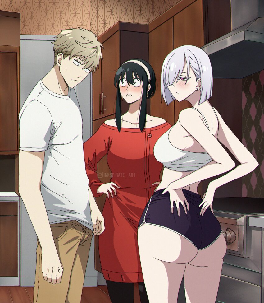 1boy 2girls ass bare_shoulders black_hair blush breasts constricted_pupils crop_top dress earrings fiona_frost gold_earrings hairband hands_on_own_hips highres huge_ass husband_and_wife inkspirate jewelry large_breasts long_hair long_sleeves midriff multiple_girls red_eyes red_sweater short_hair short_shorts shorts sideboob sidelocks spy_x_family surprised sweater tank_top twilight_(spy_x_family) two-sided_dress two-sided_fabric white_hairband white_tank_top wide-eyed yor_briar