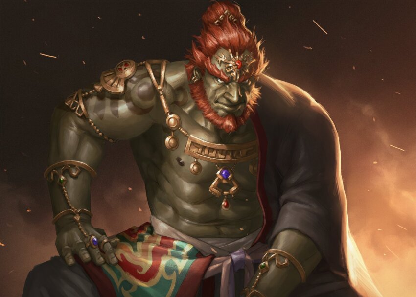 1boy abs arm_out_of_sleeve bara bare_pectorals beard collarbone colored_skin commentary earrings english_commentary facial_hair forked_eyebrows ganondorf green_skin hadanugi_dousa huge_eyebrows japanese_clothes jewelry kimono looking_at_viewer male_focus muscular muscular_male navel nick300 nintendo nipples open_clothes open_kimono pectorals red_facial_hair red_hair solo the_legend_of_zelda the_legend_of_zelda:_tears_of_the_kingdom