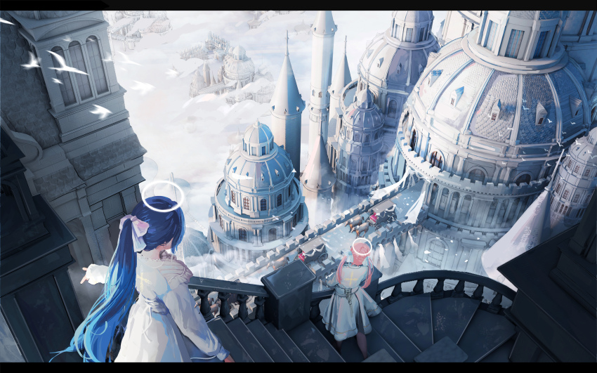 2girls absurdres angel angel_wings bird blue_hair bow building castle day dress facing_away from_above from_behind hair_bow haishenmumu halo heaven highres letterboxed long_hair long_sleeves multiple_girls original outdoors pink_hair ponytail scenery stairs standing white_bow white_dress wings