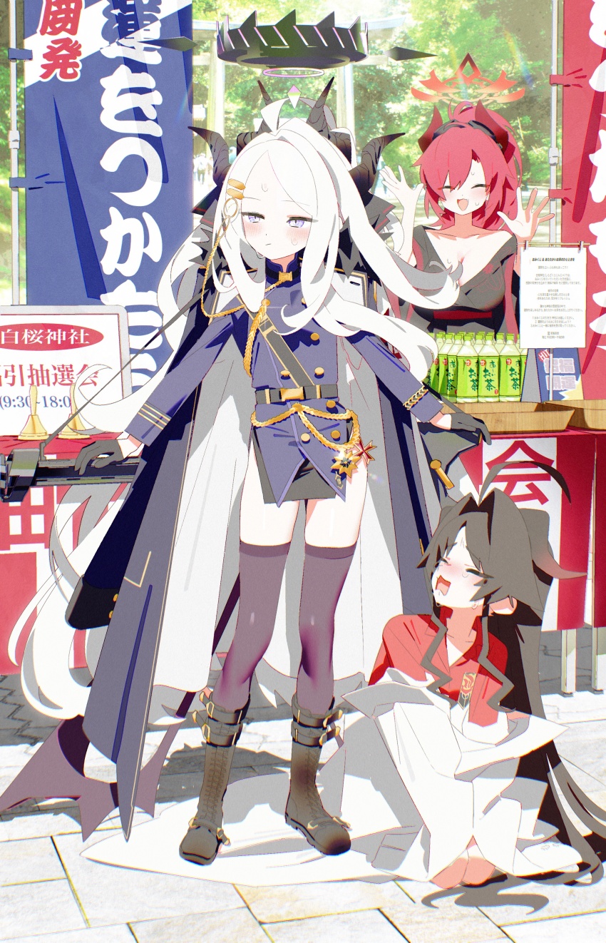 3girls absurdres ahoge belt black_belt black_coat black_footwear black_hair black_halo black_thighhighs blue_archive blush bm_tol boots bottle breasts closed_mouth coat coat_on_shoulders collarbone commentary_request day demon_girl demon_horns demon_wings desk flag full_body gun hair_ornament hairclip halo highres hina_(blue_archive) holding holding_gun holding_weapon horns kasumi_(blue_archive) large_breasts long_hair low_wings machine_gun megu_(blue_archive) mg42 multiple_girls multiple_horns off_shoulder open_mouth outdoors oversized_clothes paper purple_eyes red_hair red_halo red_shirt shirt sitting small_breasts smile standing sweat tears thighhighs thighs torii tree weapon white_hair white_shirt wings