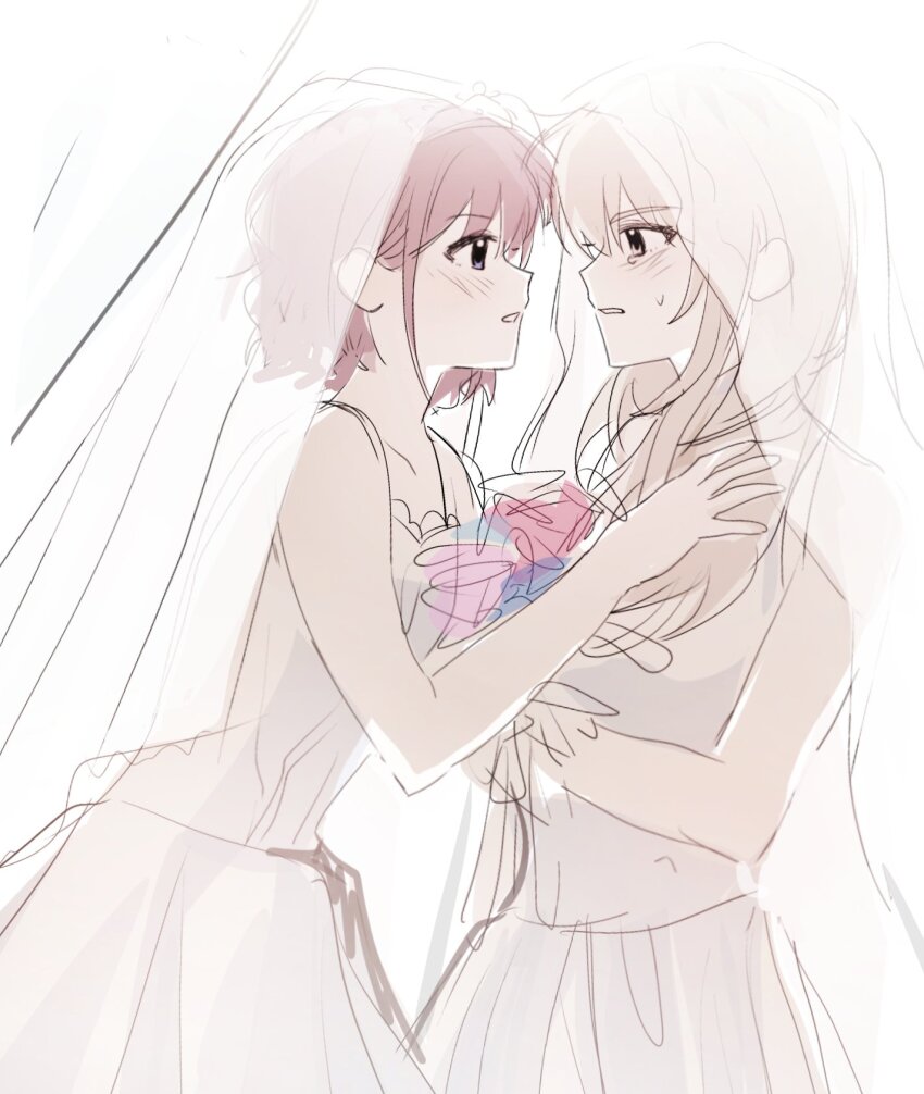 2girls bare_arms blush bridal_veil bride commentary_request dress female_focus girls_band_cry grey_hair highres i2727272727 iseri_nina kawaragi_momoka korean_commentary long_hair multiple_girls parted_lips red_hair see-through_clothes see-through_veil short_hair smile veil wedding_dress white_dress wife_and_wife yuri