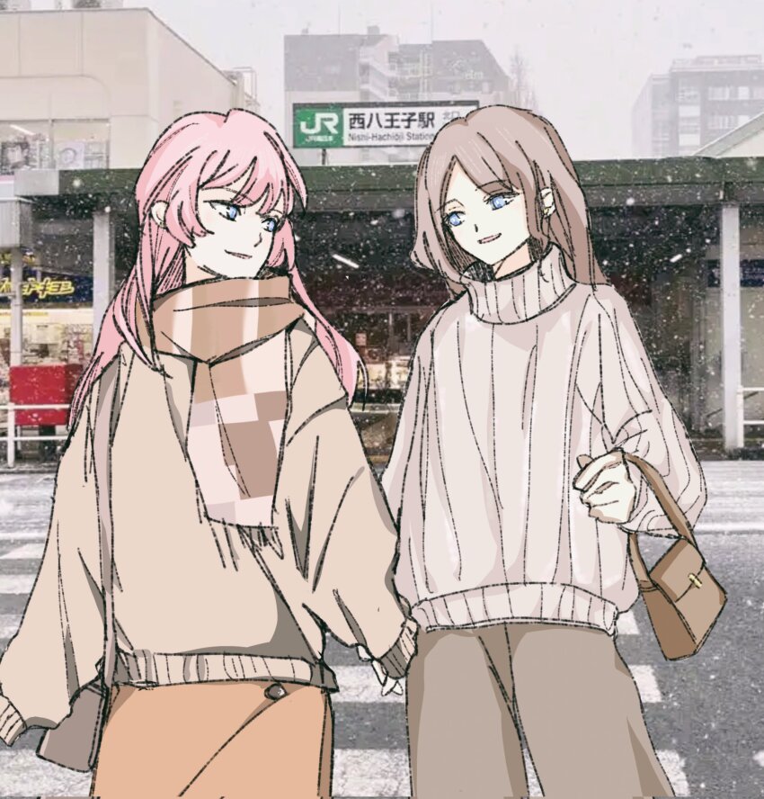 2girls bang_dream! bang_dream!_it&#039;s_mygo!!!!! blue_eyes brown_bag brown_hair brown_sweater chihaya_anon chinese_commentary commentary_request corrupted_twitter_file grey_sweater highres holding_hands long_hair mrwule multiple_girls nagasaki_soyo photo_background pink_hair sweater yuri