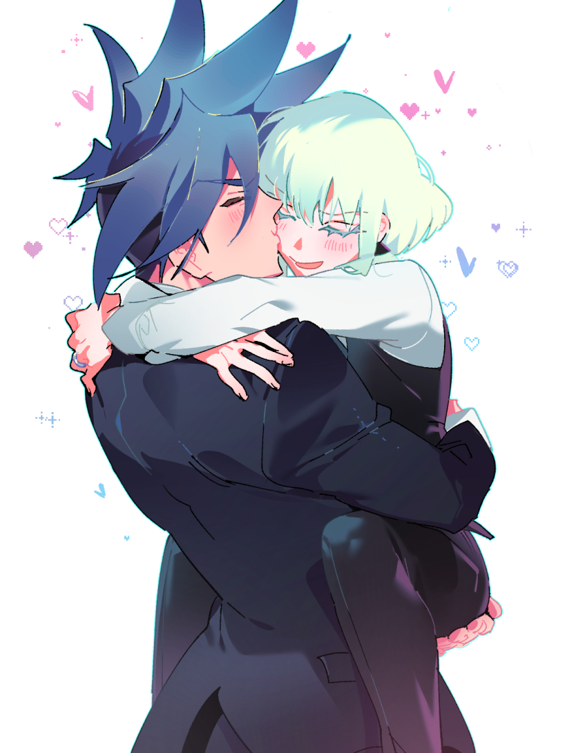 2boys arms_around_neck black_pants black_suit black_vest blue_hair blush carrying carrying_person couple formal_clothes galo_thymos green_hair highres hug jewelry kiss kissing_cheek km_(ksolee1201) lio_fotia long_sleeves male_focus mohawk multiple_boys pants promare ring shirt short_hair simple_background suit tailcoat vest white_background white_shirt yaoi