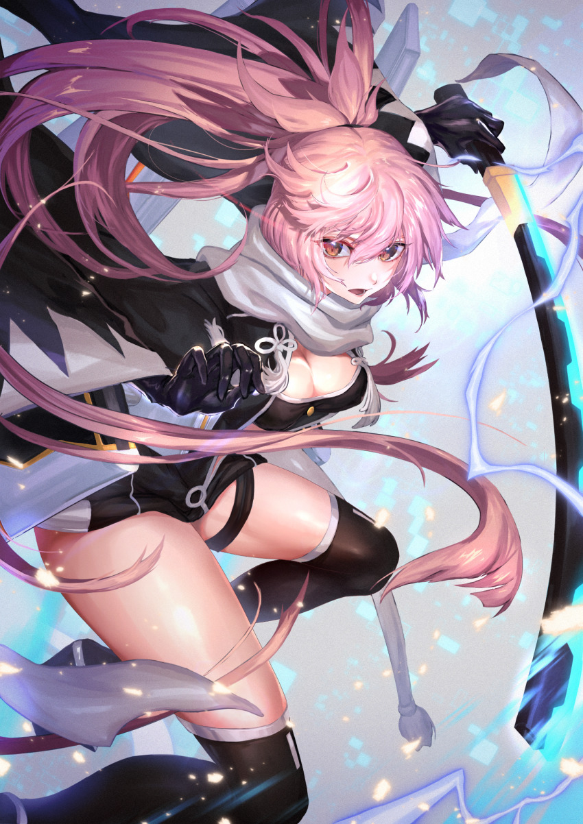 1girl black_gloves black_thighhighs breasts brown_eyes cleavage commentary_request electricity fate/grand_order fate_(series) female_focus gloves highres holding holding_sword holding_weapon katana long_hair looking_at_viewer medium_breasts nijimaarc okita_j._souji_(fate) okita_j._souji_(second_ascension)_(fate) okita_souji_(fate) okita_souji_(koha-ace) open_mouth pink_hair platform_footwear ponytail scarf solo sword thigh_strap thighhighs very_long_hair weapon wide_sleeves
