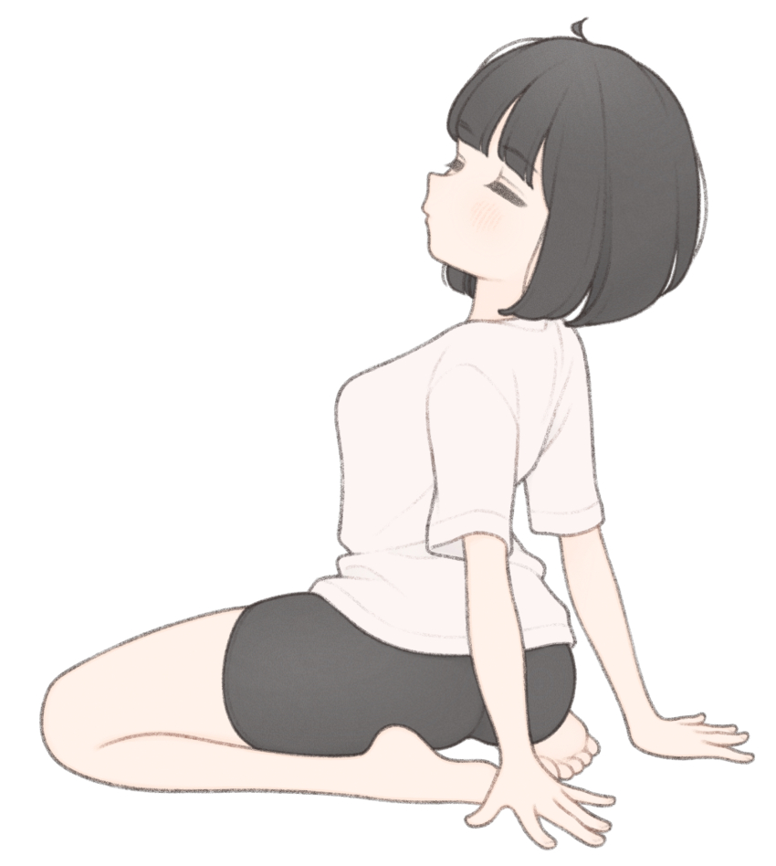 1girl 1ssakawaguchi absurdres arm_support bare_legs barefoot bike_shorts black_shorts blush bob_cut brown_hair closed_eyes closed_mouth commentary_request full_body highres ichika_(1ssakawaguchi) original seiza shirt short_shorts short_sleeves shorts simple_background sitting solo t-shirt thighs toes white_background white_shirt