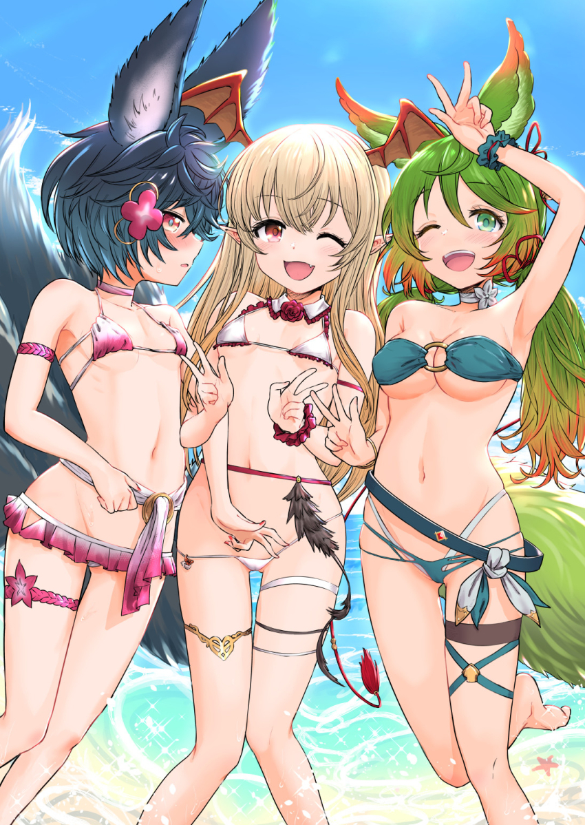 3girls animal_ears bat_wings bikini blonde_hair blue_hair blush breasts collar double_v erune flower fox_ears fox_girl fox_tail frilled_bikini frills granblue_fantasy green_eyes green_hair hair_flower hair_ornament head_wings highres large_tail multiple_girls ocean one_eye_closed oni_b pointy_ears red_bikini red_eyes smile sui_(granblue_fantasy) swimsuit tail thigh_strap v vampire vampy white_bikini wings you_(granblue_fantasy)
