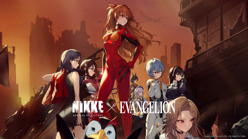 1girl absurdres ayanami_rei black_hair black_skirt blonde_hair blue_eyes blue_hair bodysuit breasts brown_hair building commentary copyright_name cropped crossover curvy ein_(nikke) english_commentary english_text evangelion:_2.0_you_can_(not)_advance evangelion:_3.0+1.0_thrice_upon_a_time evangelion:_3.0_you_can_(not)_redo floating_hair full_body goddess_of_victory:_nikke bad_tag hand_on_own_hip highres holding holding_weapon interface_headset_(evangelion) jacket jam_(nandade) katsuragi_misato light_rays long_hair looking_at_viewer looking_to_the_side makinami_mari_illustrious marciana_(nikke) mecha_pilot_suit multiple_girls necktie neon_genesis_evangelion official_art orange_sky penpen pet plugsuit_(evangelion) rebuild_of_evangelion red_bodysuit rei_(nikke) shiny_clothes short_hair sign skin_tight skirt sky souryuu_asuka_langley standing twintails weapon wide_hips zwei_(nikke)