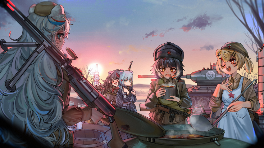 5girls absurdres alcohol animal_ears anti-materiel_rifle apron arknights bear_ears bear_girl blonde_hair bolt_action drooling grey_hair gummy_(arknights) gun handgun hat highres holding holding_gun holding_ladle holding_weapon istina_(arknights) kourou_(kouroukun) ladle leto_(arknights) military_hat military_uniform military_vehicle mosin-nagant motor_vehicle multiple_girls ppsh-41 ptrs-41 red_eyes rifle rosa_(arknights) sky sniper_rifle soviet stolichnaya_(vodka) submachine_gun sunrise tank tokarev_tt-33 vodka weapon white_hair zima_(arknights)