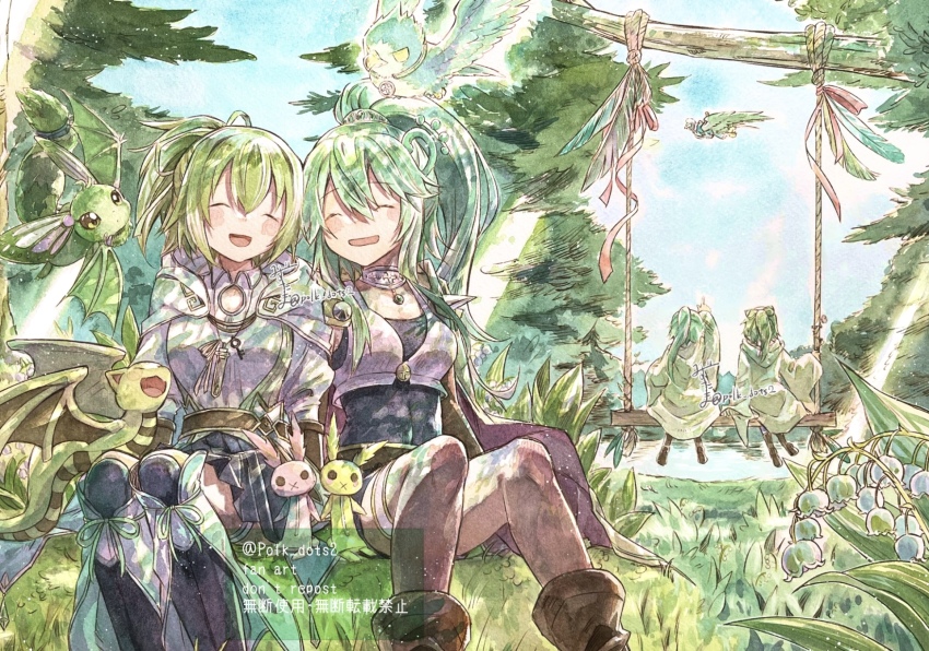 2girls black_shorts bodystocking breasts capelet closed_eyes duel_monster forest green_hair high_ponytail highres long_hair medium_breasts mizutama_(mizutamalion) multiple_girls multiple_views nature on_swing outdoors petit_dragon ponytail shorts spiritual_beast_tamer_winda swing trait_connection tree twitter_username watermark white_capelet winda_(yu-gi-oh!) wynn_(yu-gi-oh!) wynn_the_wind_channeler yu-gi-oh!