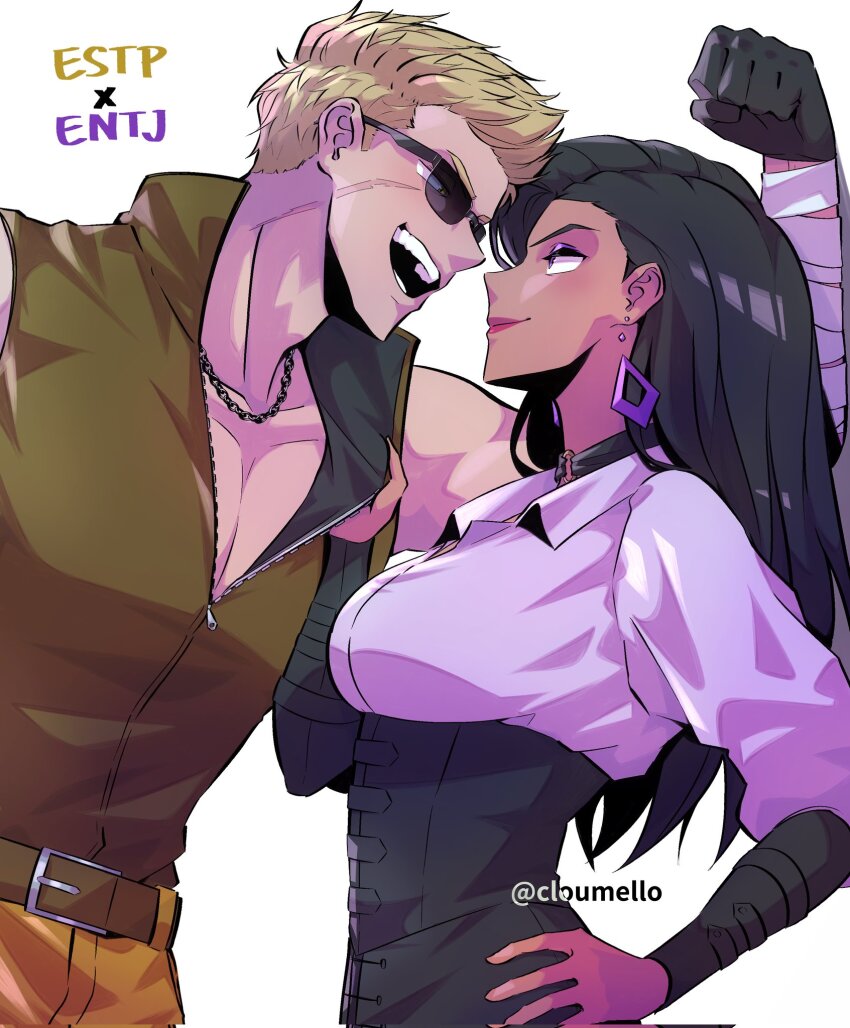 16personalities 1boy 1girl bandaged_arm bandages belt belt_buckle black_corset black_gloves black_hair blonde_hair breasts brown_belt brown_vest buckle closed_mouth cloumello commander_(16personalities) commentary corset earrings entrepeneur_(16personalities) eye_contact face-to-face from_side gloves hand_on_own_hip hetero highres jewelry lipstick long_hair looking_at_another makeup medium_breasts myers-briggs_type_indicator necklace open_mouth parted_hair partially_unzipped purple_eyes purple_shirt red_lips scar scar_on_face shirt short_hair simple_background smile sunglasses symbol-only_commentary teeth vest white_background zipper zipper_pull_tab