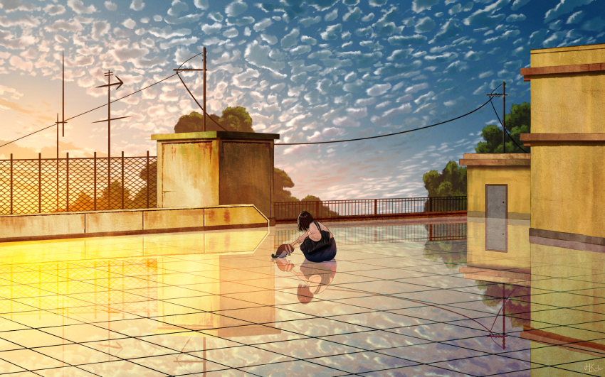 1girl artist_name black_bag black_hair black_skirt cat chinese_commentary cloud cloudy_sky commentary_request concrete door fence from_side highres hkcutie iron_fence long_skirt long_sleeves medium_hair on_rooftop original petting power_lines reflective_floor shirt signature skirt sky solo squatting sunset tile_floor tiles tree utility_pole white_shirt wide_shot
