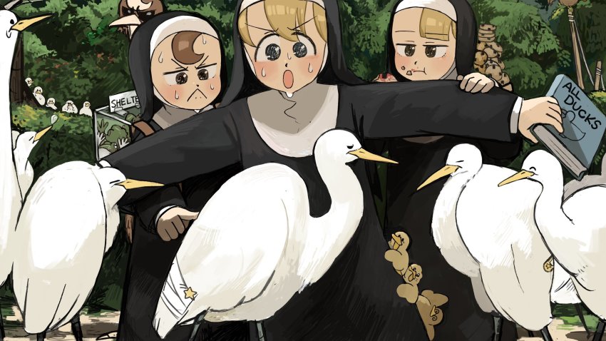 3girls :&lt; :o @_@ baby_animal bandaged_wings bandages bandaid bandaid_on_wing bird blonde_hair blue_eyes book brown_eyes brown_hair chicken chocolate_chip_cookie closed_eyes clumsy_nun_(diva) cookie crane_(animal) diva_(hyxpk) duck duckling eating food food_on_face frog froggy_nun_(diva) habit highres little_nuns_(diva) multiple_girls nun ostrich outdoors slice_of_life spicy_nun_(diva) star_ornament surprised sweat traditional_nun yellow_eyes