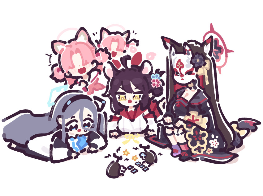 294_(ranaga) 5girls animal_ears aris_(blue_archive) blue_archive brown_hair card chlorella_observation_club_member_(blue_archive) floral_print fox_mask grey_hair hairband halo highres holding holding_card kaede_(blue_archive) long_hair mask multiple_girls open_mouth parted_bangs pink_hair playing_card rhinoceros_beetle sailor_collar wakamo_(blue_archive)