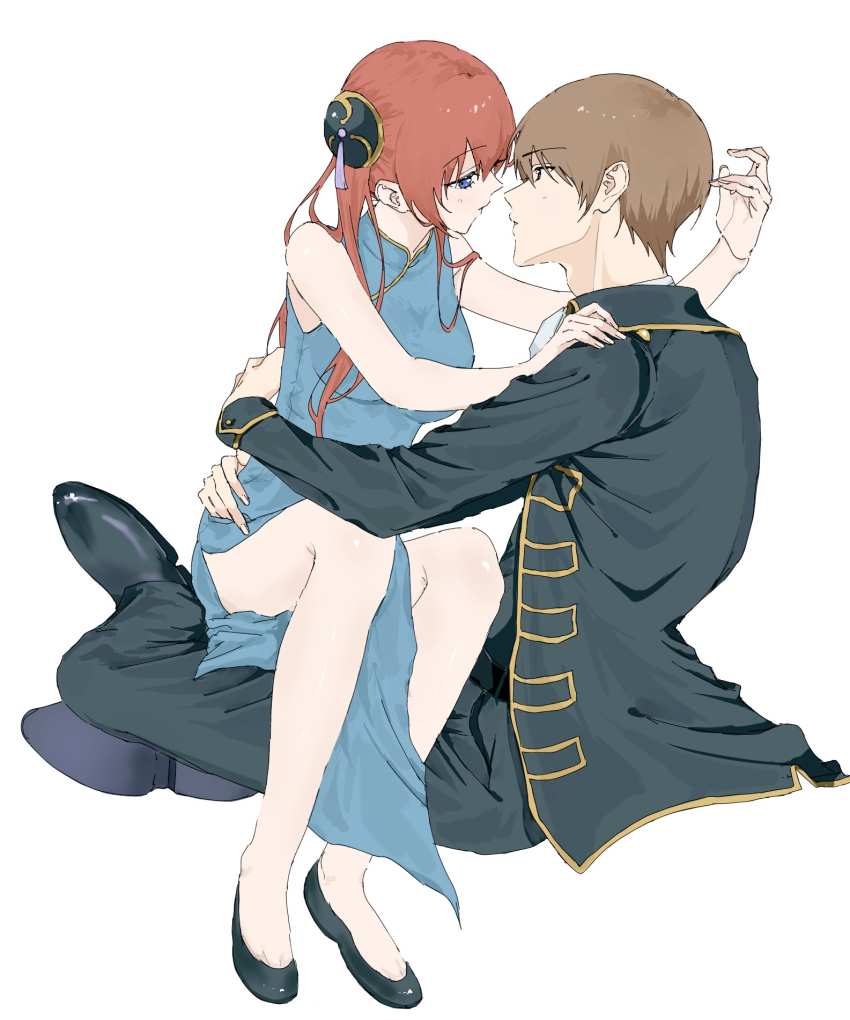 1boy 1girl black_jacket black_pants black_shoes blue_dress blue_eyes brown_hair bun_cover china_dress chinese_clothes couple dress egakitai_(nhjx3285) eye_contact full_body gintama hetero highres imminent_kiss jacket kagura_(gintama) long_hair long_sleeves looking_at_another okita_sougo open_clothes open_jacket pants red_hair shoes side_slit simple_background sketch sleeveless sleeveless_dress white_background