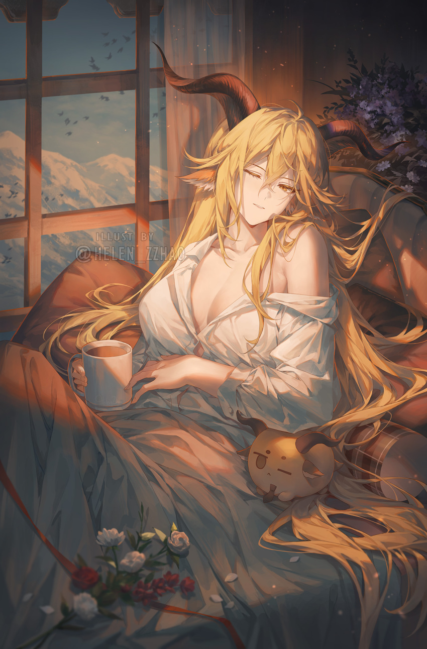 1girl alternate_costume animal_ears arknights blonde_hair breasts cleavage collarbone commentary_request couch creature cup degenbrecher_(arknights) facial_hair flower goat_ears goat_girl goatee helen_zzhao highres holding holding_cup indoors light_particles long_hair long_sleeves looking_at_viewer medium_breasts mug no_bra off_shoulder on_couch one_eye_closed open_clothes open_shirt parted_lips petals rose rose_petals shirt single_bare_shoulder sitting smile solo under_covers very_long_hair white_flower white_rose white_shirt window yellow_eyes