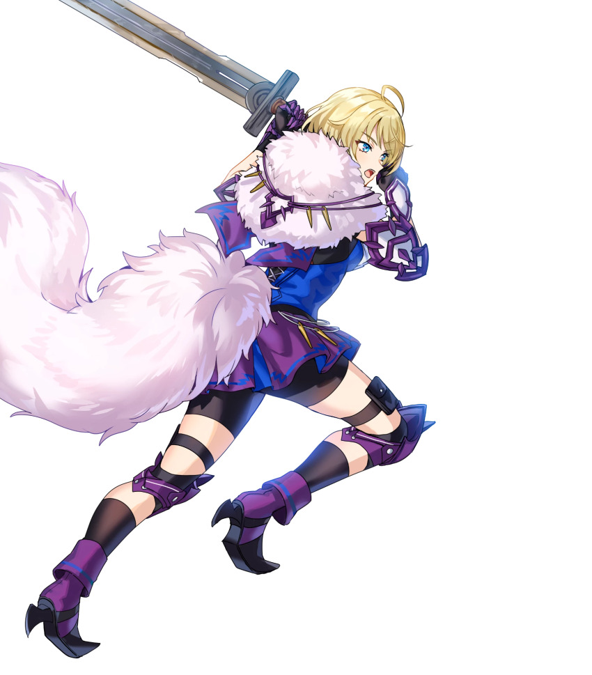 1girl ahoge attack black_gloves blonde_hair blue_eyes fake_tail fire_emblem fire_emblem_engage fire_emblem_heroes gloves highres holding holding_sword holding_weapon knee_guards merrin_(fire_emblem) nintendo non-web_source open_mouth pelt purple_footwear purple_skirt running short_hair shorts shorts_under_skirt skirt solo sword tail v-shaped_eyebrows weapon wolf_tail