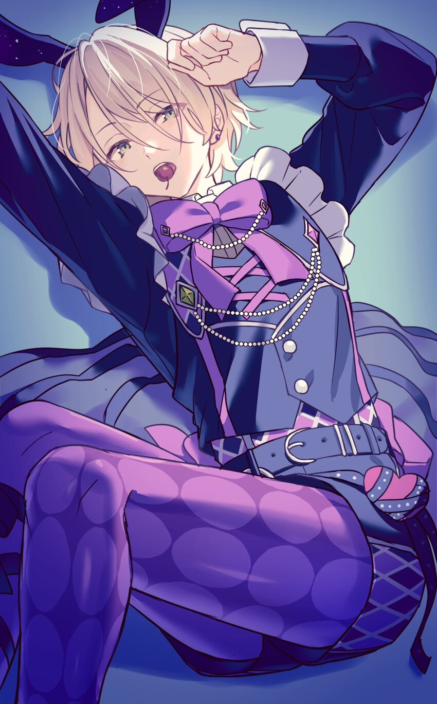 1boy animal_ears argyle_clothes argyle_shirt arm_up belt bishounen black_belt black_vest blonde_hair bow bowtie buttons cherry cross-laced_clothes ensemble_stars! fake_animal_ears feet_out_of_frame food frilled_straps fruit green_eyes hair_between_eyes half-closed_eyes hand_on_own_head hand_up highres holding holding_food holding_fruit jewelry knees_up lapel_chain long_sleeves looking_at_viewer lq_saku lying male_focus messy_hair mouth_hold official_alternate_costume on_back on_floor pantyhose print_pantyhose purple_bow purple_bowtie purple_pantyhose rabbit_ears shiratori_aira_(ensemble_stars!) shiratori_aira_(stormcloud_fumble)_(ensemble_stars!) short_hair short_shorts shorts solo spotlight teeth turning_around upper_teeth_only vest vignetting