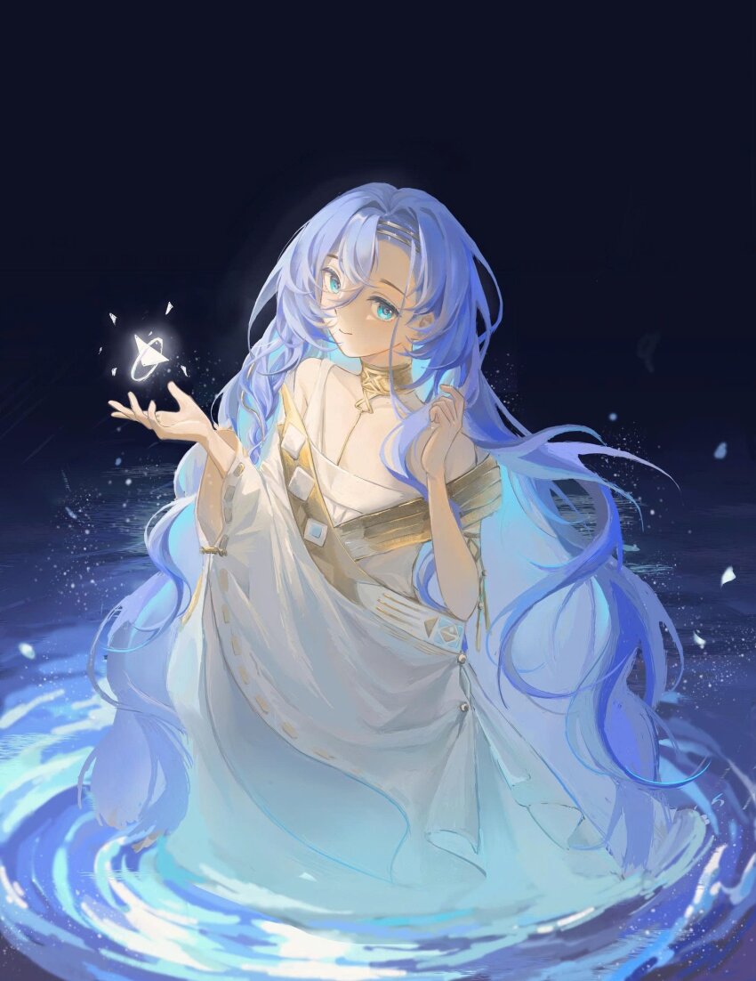 1girl 37_(reverse:1999) ancient_greek_clothes bare_shoulders black_background blue_eyes blue_hair closed_mouth cosplay gold_choker greco-roman_clothes hair_between_eyes hands_up highres long_hair reverse:1999 ripples smile solo toga triangle upper_body very_long_hair wading water yowl
