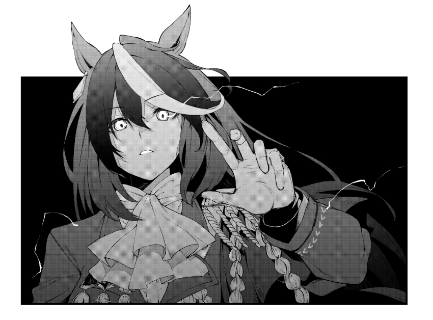 1girl animal_ears ascot black_background gloves glowing glowing_eyes greyscale highres horse_ears long_hair medal monochrome solo symboli_rudolf_(umamusume) tsukamoto_minori umamusume