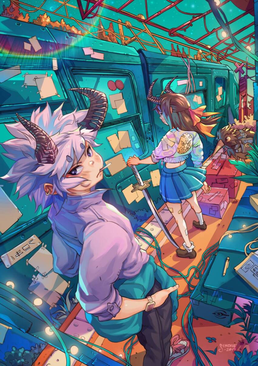 1boy 1girl aqua_skirt aqua_sweater artist_name bench bird black_pants blue_sky book bow box brown_hair brown_shoes clothes_around_waist commentary dated demon_boy demon_girl demon_horns earrings hair_bow hands_in_pockets highres holding holding_sword holding_weapon horns jacket jewelry katana kiwi_(bird) long_hair looking_at_viewer looking_back looking_to_the_side mechanical_pencil multicolored_jacket open_window orange_bow original outdoors overhead_line pantograph pants pencil pink_hair pink_shirt plant pleated_skirt potted_plant purple_eyes shirt shoes short_hair simz skirt sky socks standing star_(sky) starry_sky streetcar string_of_light_bulbs sweater sweater_around_waist sword train train_station_platform tree unlit_cigarette_in_mouth watch weapon white_shoes white_socks window wristwatch
