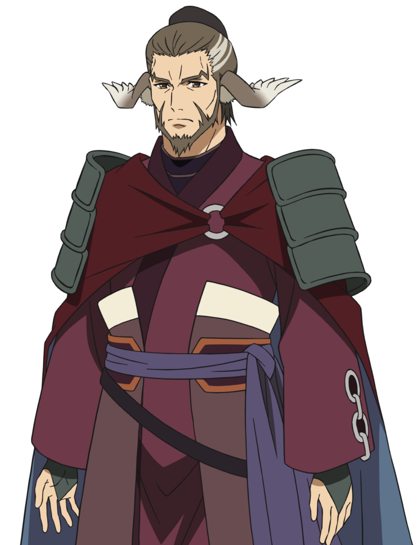 1boy absurdres animal_ears aquaplus beard brown_eyes brown_hair cape closed_mouth cowboy_shot facial_hair highres long_sleeves nakata_masahiko nose official_art short_hair solo standing tokifusa transparent_background utawarerumono utawarerumono:_futari_no_hakuoro utawarerumono:_itsuwari_no_kamen white_fox_(company)