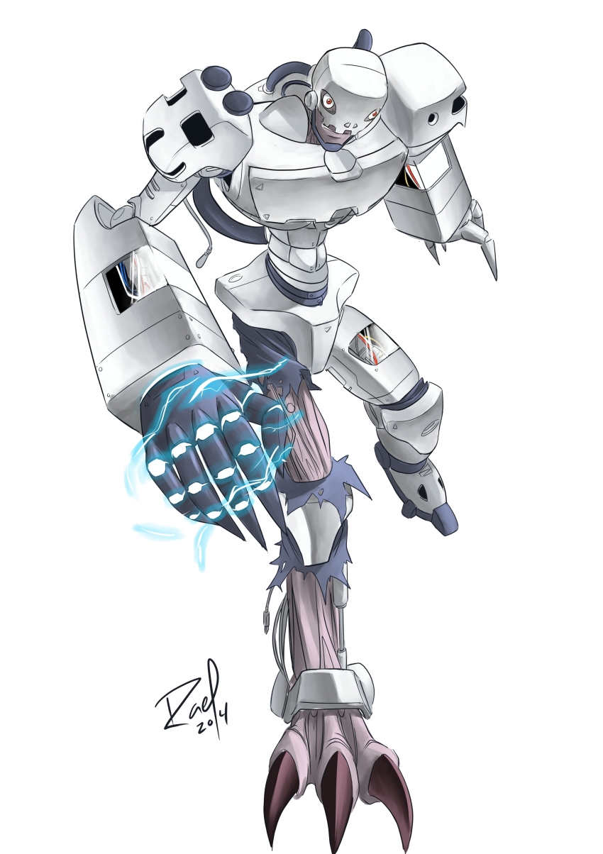 absurdres andromon claws digimon digimon_(creature) energy highres skull solo
