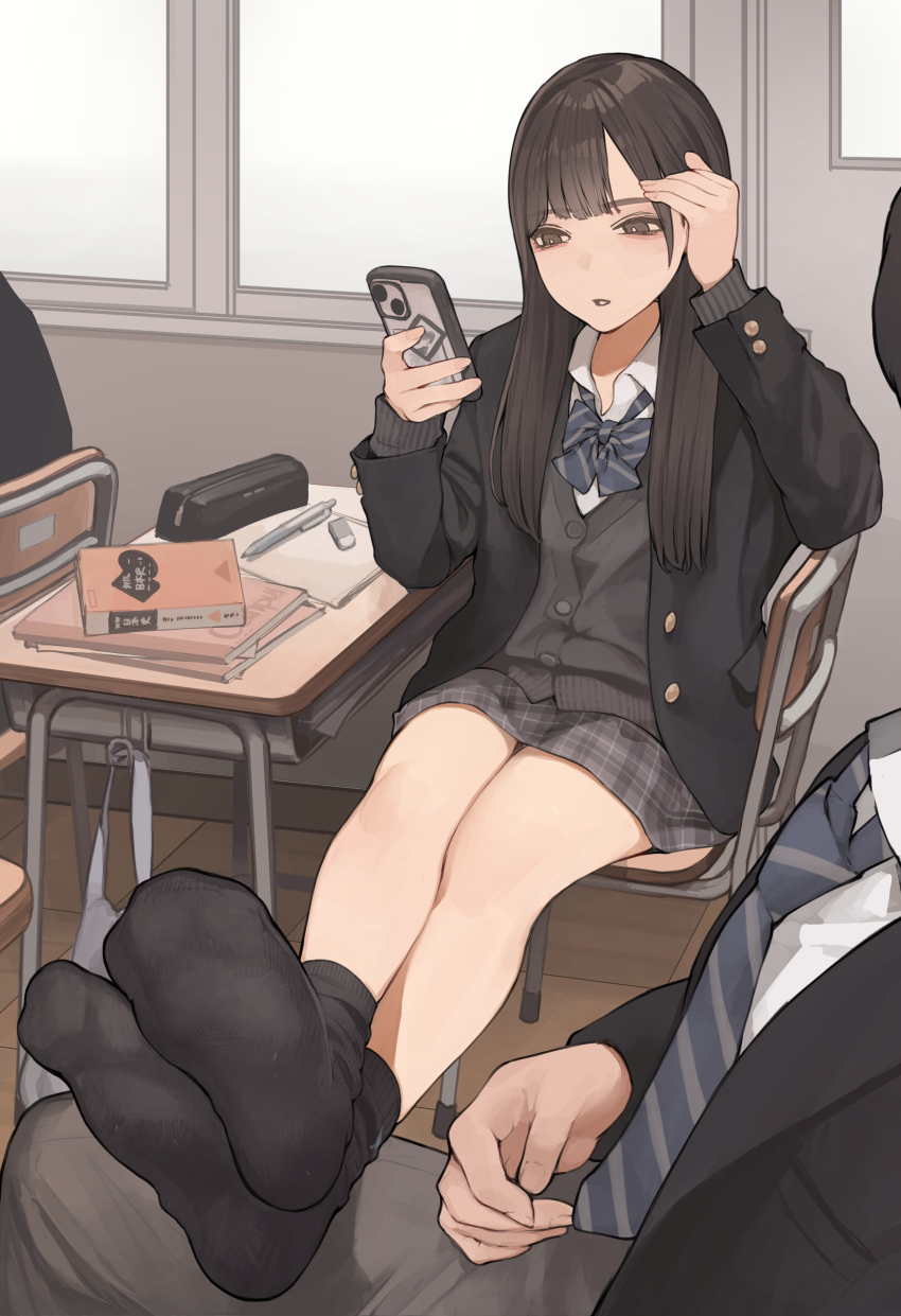 1boy 1girl 1other absurdres black_jacket black_socks blazer blue_bow blue_bowtie blue_necktie bow bowtie brown_eyes cellphone chair classroom commentary_request desk eraser grey_pants grey_skirt highres holding holding_phone indoors jacket koh_(minagi_kou) legs_on_another&#039;s_lap long_hair long_sleeves necktie on_desk open_clothes open_jacket original pants pen pencil_case phone plaid_clothes plaid_skirt school_chair school_desk school_uniform sitting skirt smartphone socks sweater thighs