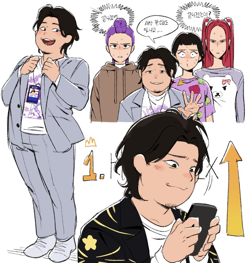 1boy 3girls 990shitpost alternate_costume black_hair bobby_(kpop_demon_hunters) braid brown_eyes brown_hoodie business_suit cellphone clenched_teeth closed_mouth collared_jacket cropped_jacket double_bun formal_clothes grey_jacket grey_pants grey_suit hair_bun hair_up happy hashtag-only_commentary highres holding holding_phone hood hood_down hoodie jacket jewelry korean_text kpop_demon_hunters light_blush long_braid long_sleeves looking_at_object looking_at_viewer looking_down looking_to_the_side mira_(kpop_demon_hunters) multiple_girls necklace nervous nervous_sweating official_alternate_costume open_clothes open_jacket open_mouth pants parted_bangs parted_lips phone purple_hair red_hair rumi_(kpop_demon_hunters) shirt shoes short_hair short_sleeves simple_background single_braid smartphone smug speech_bubble standing suit suit_jacket surprised sweat tan teeth thought_bubble translation_request twintails upper_body wavy_hair white_background white_shirt white_shoes wide-eyed zoey_(kpop_demon_hunters)