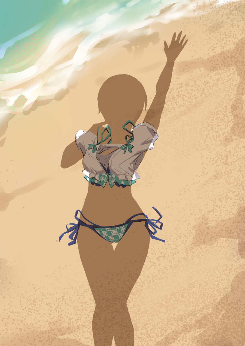 1girl absurdres arm_up beach bikini box_wonderland day dressed_shadow_(meme) hand_up highres layered_bikini love_live! love_live!_superstar!! meme multicolored_bikini outdoors plaid_bikini plaid_clothes sand shadow side-tie_bikini_bottom solo swimsuit thigh_gap wakana_shiki water