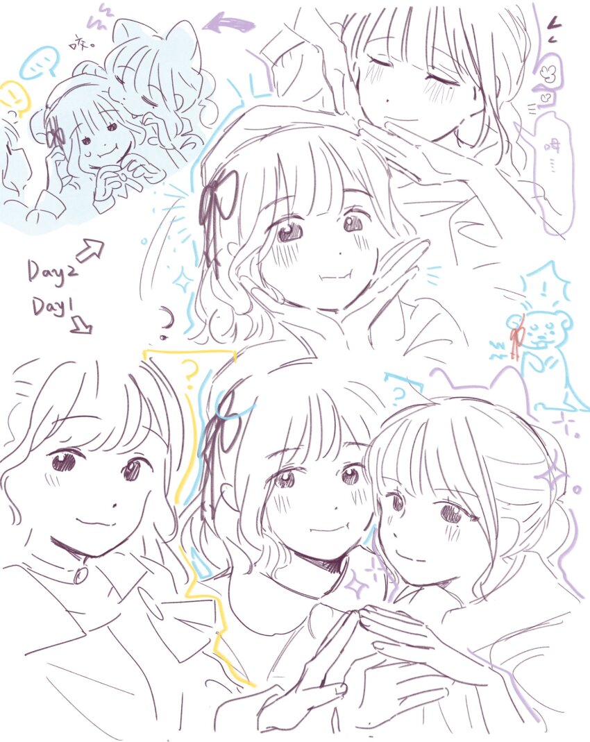 ! 3girls 4th_live_dream_~bloom_the_dream_believers~ :i ? animification arrow_(symbol) beret blunt_bangs blush bob_cut collared_dress colored_speech_bubble commentary dream_believers dress flower_knot greyscale hands_on_own_cheeks hands_on_own_face hat hayama_fuka highres kurusu_rin link!_like!_love_live! looking_at_viewer love_live! monochrome multi-tied_hair multiple_girls ponytail real_life rounded_corners sakurai_hina short_hair speech_bubble spoken_exclamation_mark spot_color symbol-only_commentary voice_actor woodonly