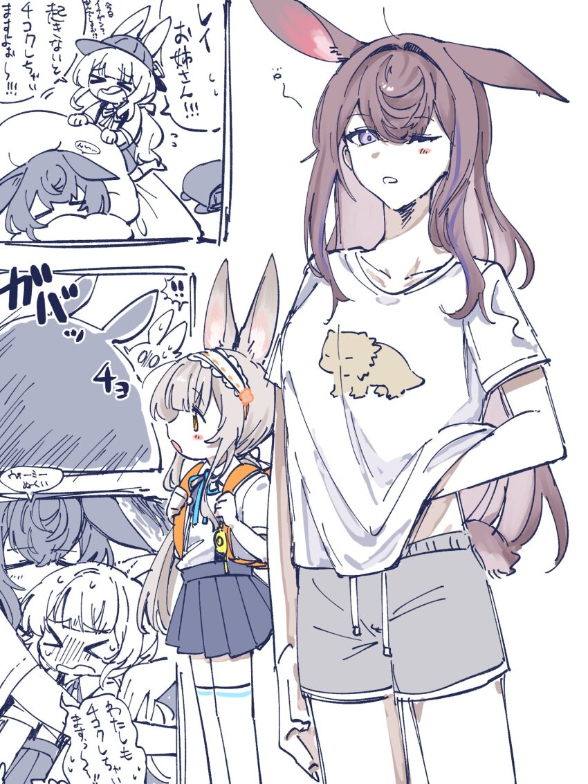 2girls animal_ears arknights chibi highres multiple_girls one_eye_closed rabbit_ears rabbit_girl ray_(arknights) sleeping sleepy standing waking_another waking_up warmy_(arknights) white_background yunomi_(yunomi1129)