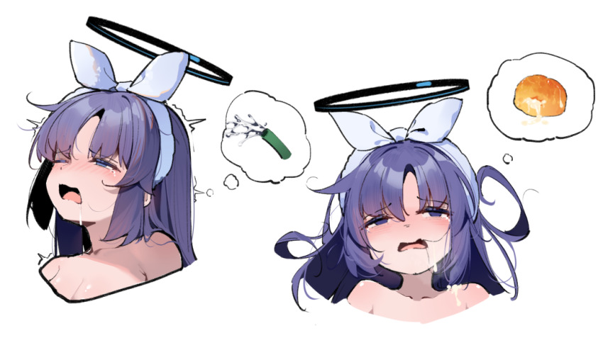 1girl blue_archive blue_halo blush breasts chinese_commentary commentary_request drooling halo implied_ejaculation implied_sex long_hair mechanical_halo medium_breasts official_alternate_costume open_mouth painterliuhao purple_eyes purple_hair simple_background speech_bubble spoken_object thought_bubble white_background yuuka_(blue_archive) yuuka_(pajamas)_(blue_archive)