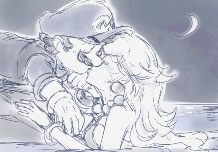 1boy 1girl agua_mp boat earrings facial_hair gloves hat jewelry kiss long_hair looking_at_another mario mario_(series) mermaid_peach moon mustache necklace nintendo overalls princess_peach princess_peach:_showtime! sideburns water watercraft