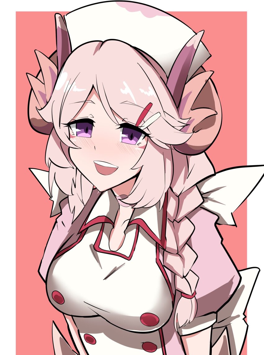 1girl blush braid breasts cowboy_shot dragon_girl dragon_horns duel_monster hair_ornament hat highres horns large_breasts nurse nurse_cap nurse_dragonmaid open_mouth pink_background pink_eyes pink_hair puffy_short_sleeves puffy_sleeves short_sleeves side_braid simple_background smile solo synchroman upper_body yu-gi-oh!