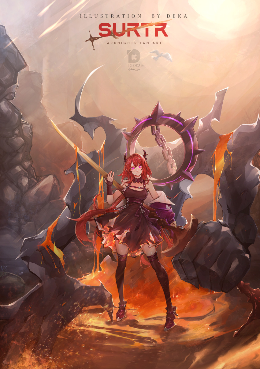 1girl absurdres arknights artist_name bare_shoulders bird black_dress black_pantyhose black_thighhighs breasts burnt_clothes chain character_name chest_strap cleavage closed_mouth collar day deka_yo demon_girl demon_horns detached_collar dress english_text full_body giant giant_hand hair_between_eyes hair_intakes highres holding holding_sword holding_weapon horns huge_weapon infection_monitor_(arknights) jacket jacket_partially_removed large_breasts lava lips logo long_hair long_sleeves looking_at_viewer outdoors pantyhose purple_eyes red_hair rhodes_island_logo_(arknights) rock scenery solo sparks spiked_collar spikes sun surtr&#039;s_golem_(arknights) surtr_(arknights) sword thighhighs very_long_hair weapon wide_shot zettai_ryouiki
