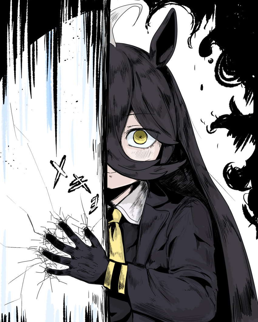 1girl abeyaki ahoge animal_ears black_coat black_gloves black_hair black_shirt blush closed_mouth coat collared_shirt crack cracked_wall gloves hair_between_eyes highres horror_(theme) horse_ears horse_girl long_bangs long_hair long_hair_between_eyes looking_at_viewer manhattan_cafe_(umamusume) multicolored_hair necktie open_clothes open_coat shirt smile solo strong translation_request umamusume very_long_hair white_hair yellow_eyes yellow_necktie