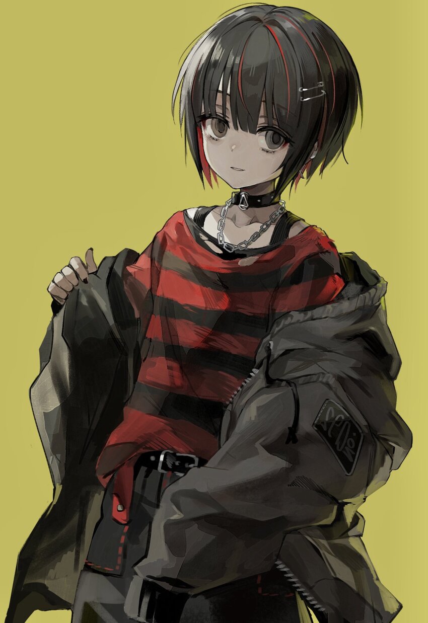 1boy belt black_belt black_collar black_hair black_pants brown_eyes chain chain_necklace collar commentary grey_eyes grey_jacket hair_ornament hairclip hashtag-only_commentary heterochromia highres jacket jewelry looking_at_viewer male_focus mashiro_meme mashiro_meme_(3rd_costume) multicolored_hair necklace nijisanji nnvvll8 open_clothes open_jacket pants parted_lips red_hair shirt short_hair simple_background solo streaked_hair striped_clothes striped_shirt two-tone_hair virtual_youtuber yellow_background