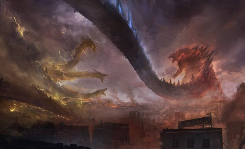 2019 artist_name battle bioluminescence burning_godzilla chenchihuei city cityscape cloud cloudy_sky dated destruction dragon dragon_wings electricity giant giant_monster glowing glowing_eyes glowing_mouth godzilla godzilla:_king_of_the_monsters godzilla_(monsterverse) godzilla_(series) highres horns kaiju king_ghidorah king_ghidorah_(monsterverse) legendary_pictures lightning monster monster_focus monsterverse multiple_heads no_humans open_mouth orange_eyes sharp_teeth signature sky spikes spines tail teeth toho wings yellow_eyes