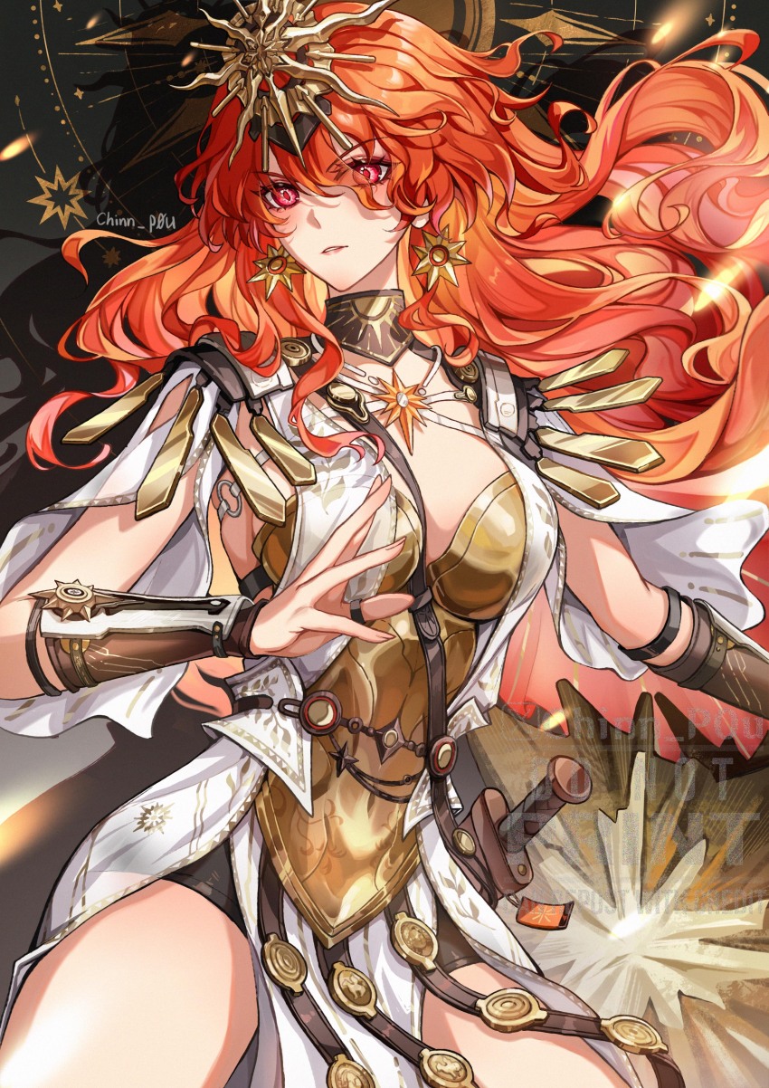 1girl absurdres ancient_greek_clothes armor artist_name augusta_(wuthering_waves) breastplate breasts chinnpou commentary cowboy_shot earrings greco-roman_clothes headgear highres jewelry large_breasts long_hair looking_at_viewer orange_hair parted_lips red_eyes solo sun_earrings symbol-only_commentary v-shaped_eyebrows wuthering_waves